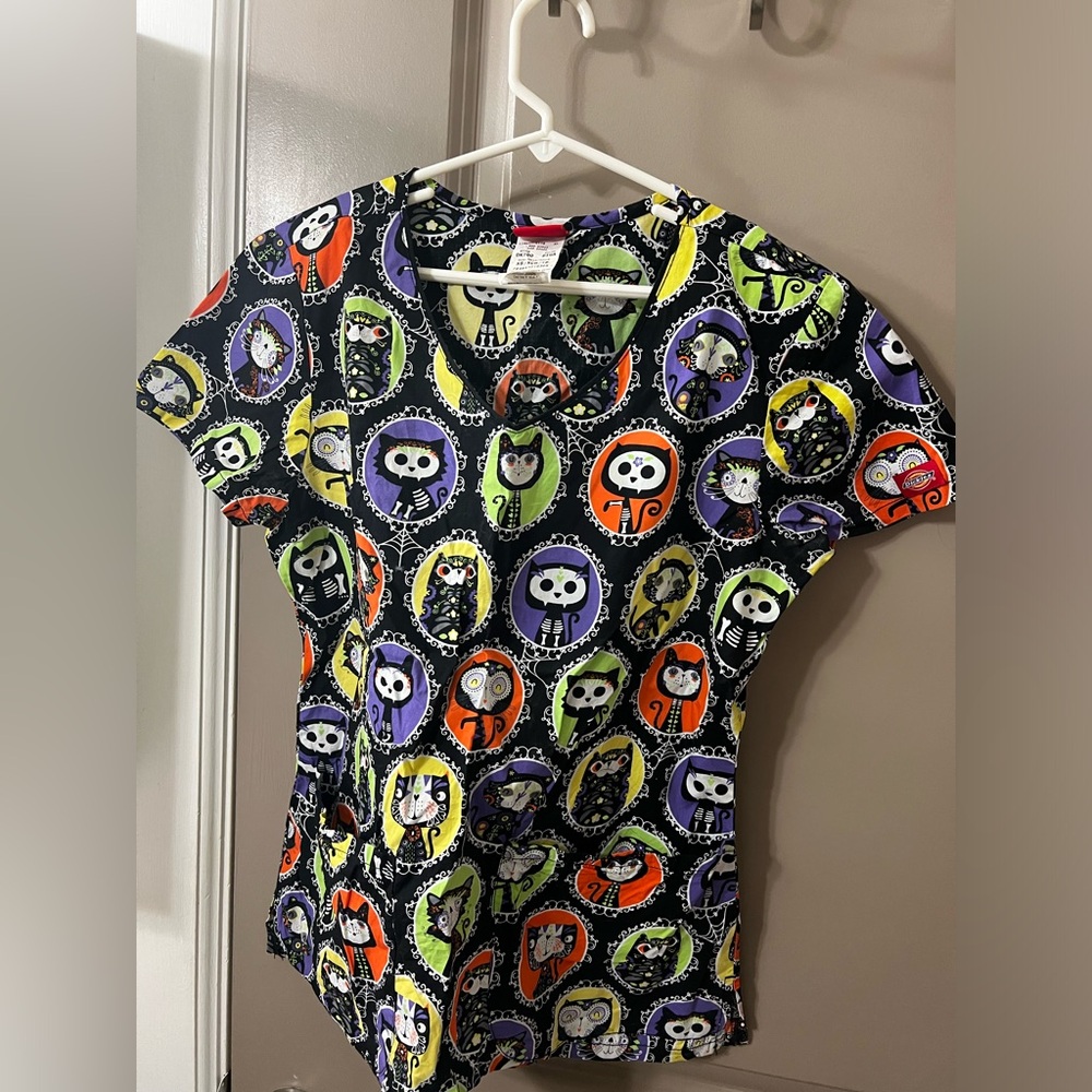 Dickies Halloween Black Cat Skeleton Scrub Top